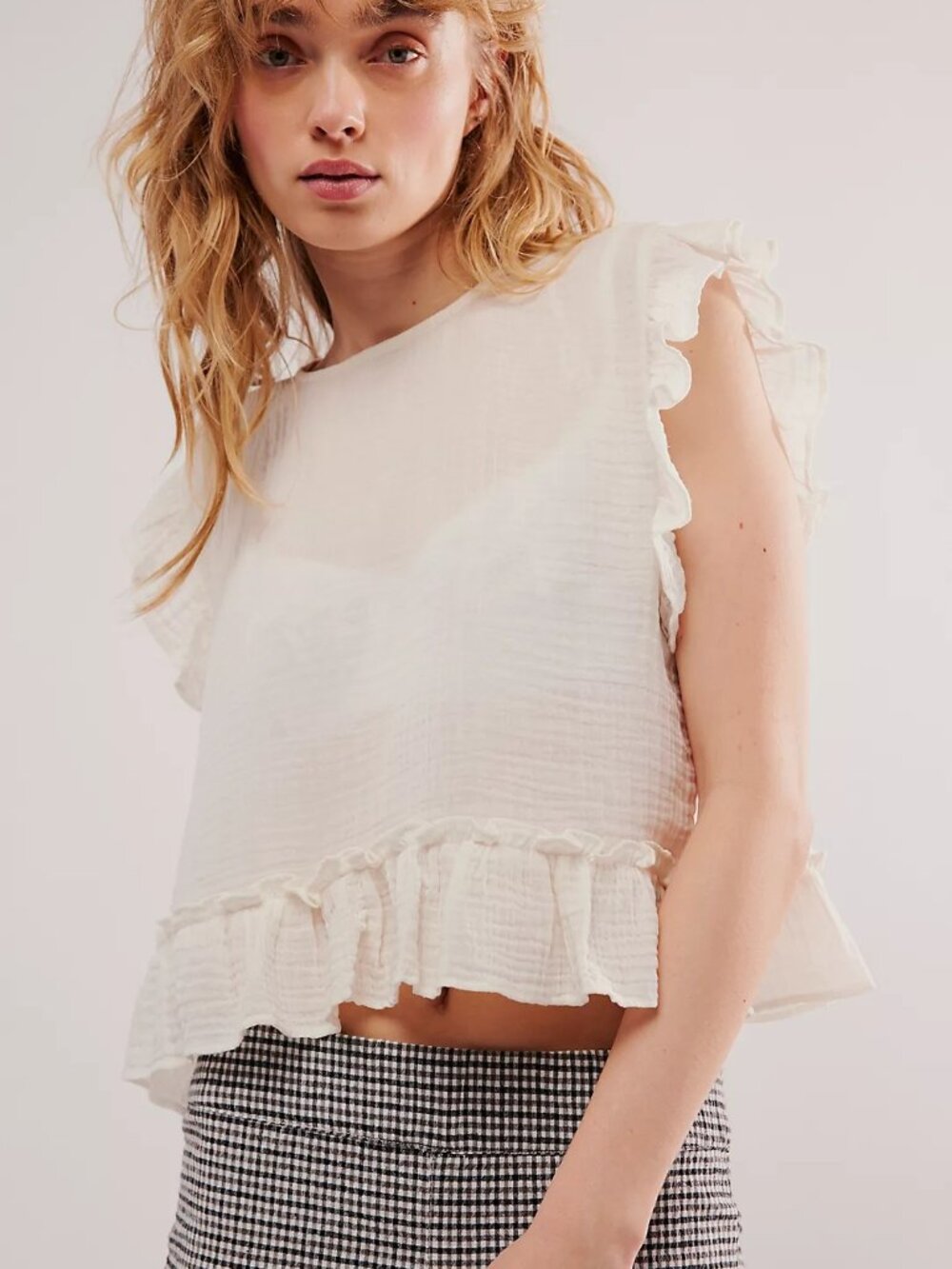 Free People Fall In Love Top Ruffle Sleeve Hem Cotton White Size Large Boho